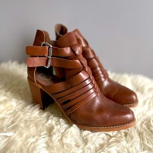 Tan leather strap heel booties